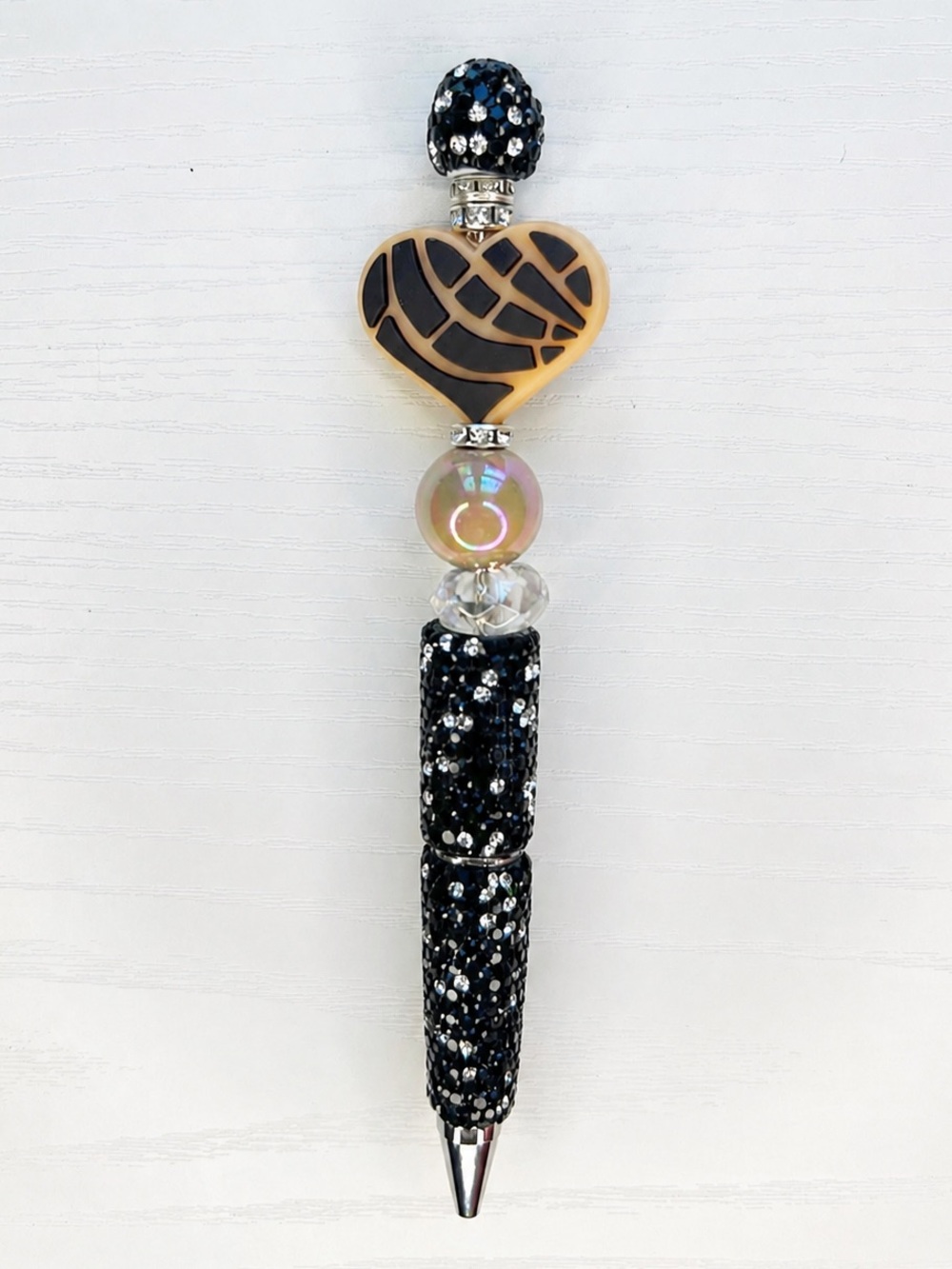 Handmade Beaded Pen Black Sparkle Heart Concha Focal Bead Refillable Ink Pen